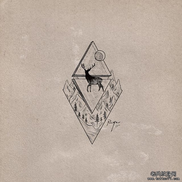 几何小清新风景 麋鹿纹身图案手稿