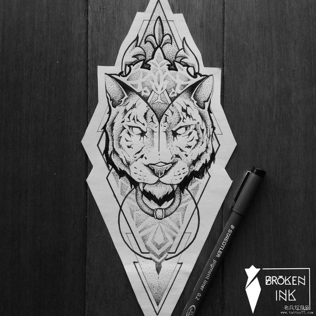 几何老虎点刺纹身图案手稿