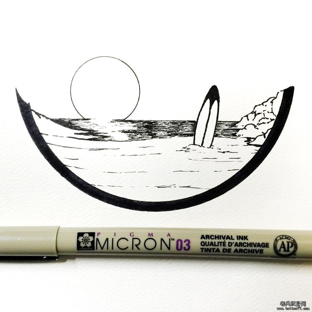 几何线条海滩风景纹身图案手稿