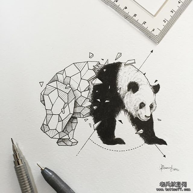 大熊猫点刺几何线条纹身图案手稿