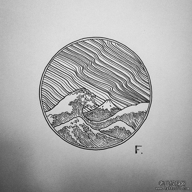 几何线条海浪山脉纹身图案手稿