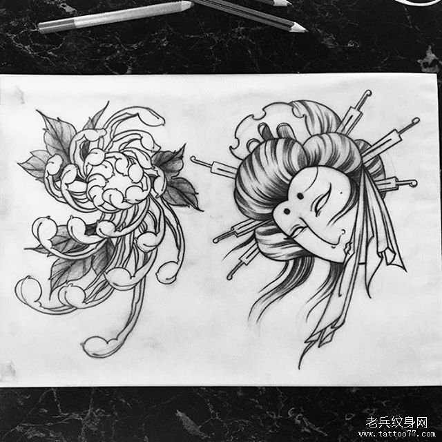 日式艺妓菊花纹身图案手稿