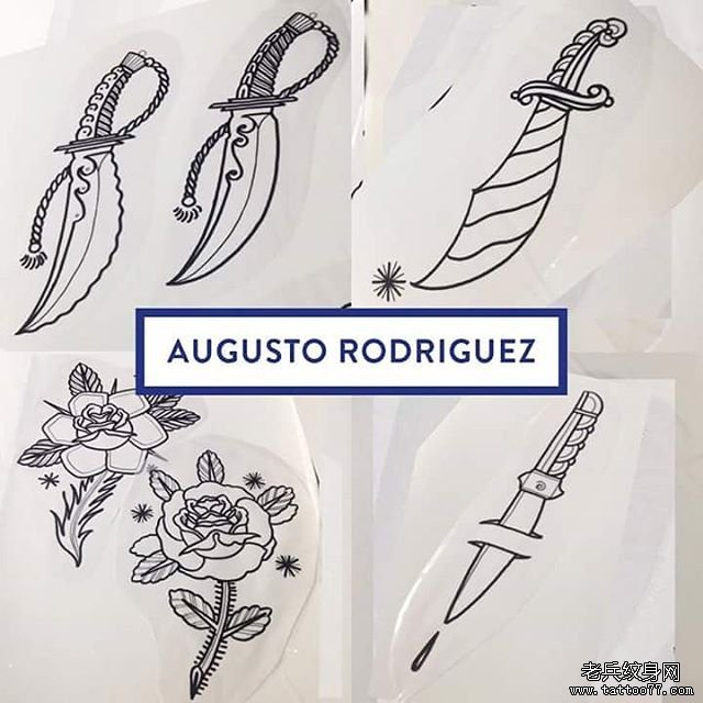 欧美匕首玫瑰纹身图案手稿