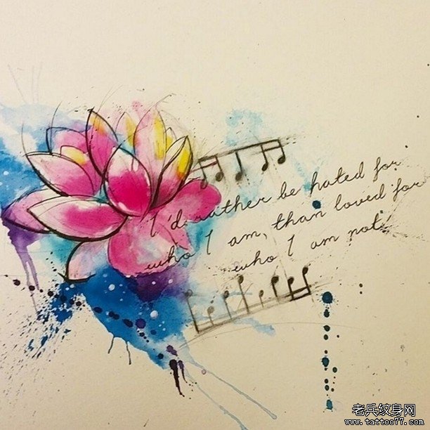 泼墨莲花音符纹身图案手稿