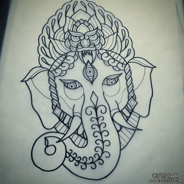 传统象神纹身图案手稿