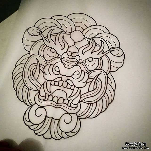 传统唐狮纹身图案手稿