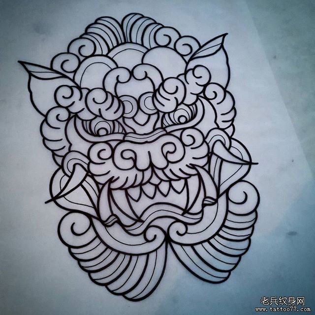 传统唐狮线条纹身图案手稿