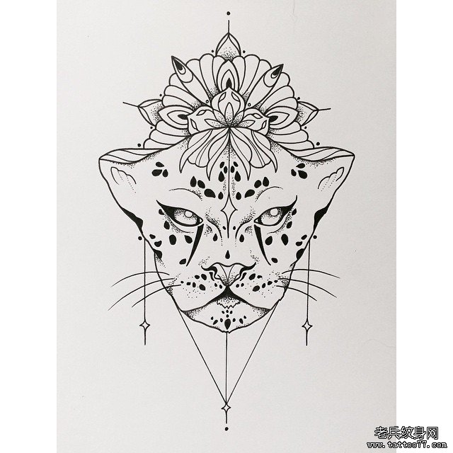 几何线条豹子点刺纹身图案手稿