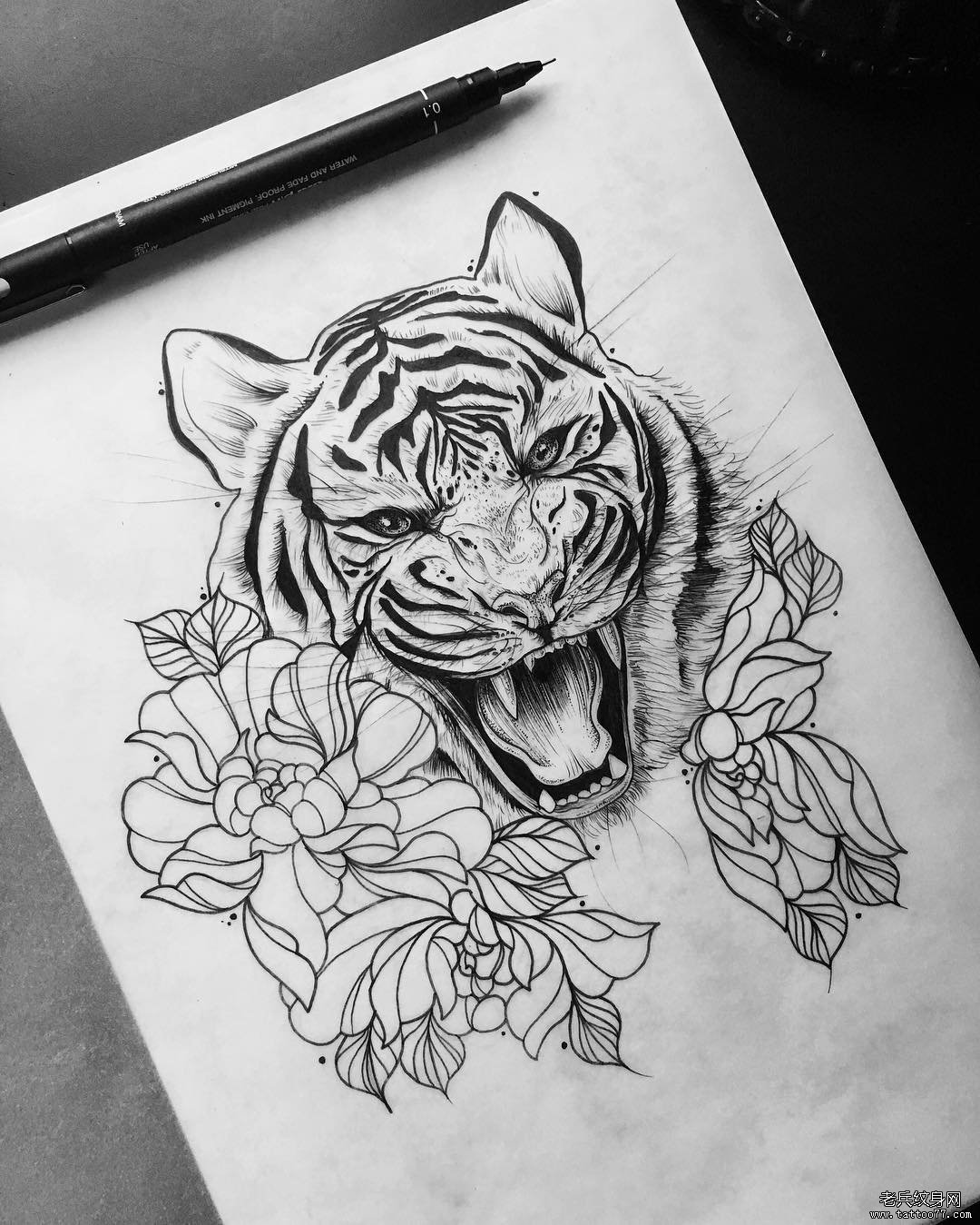 欧美写实老虎花卉纹身图案手稿