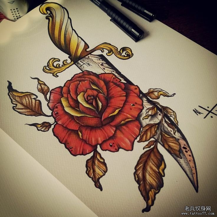 欧美new school 玫瑰匕首纹身图案