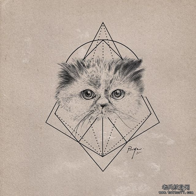 欧美小清新猫几何线条纹身图案手稿
