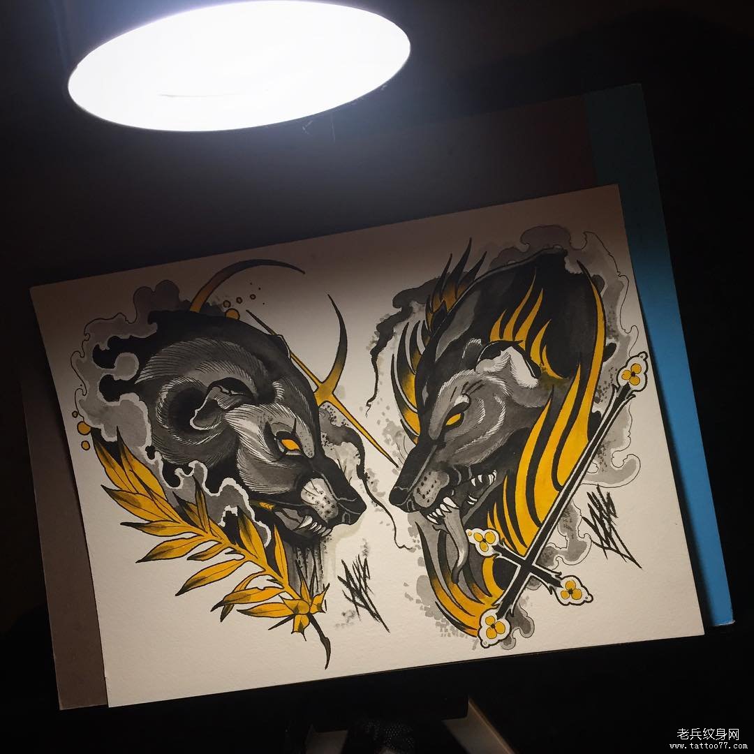 欧美school狼头纹身图案手稿