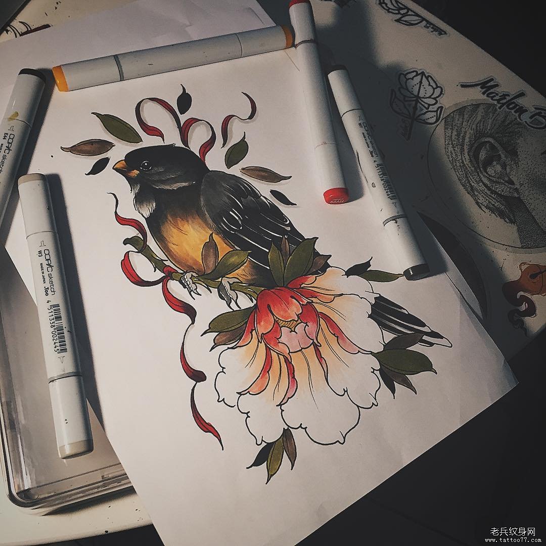 school鸟花卉纹身图案手稿