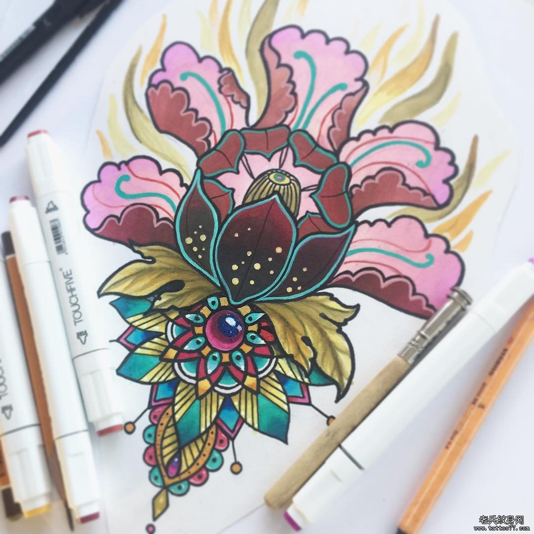 欧美school花卉纹身图案手稿