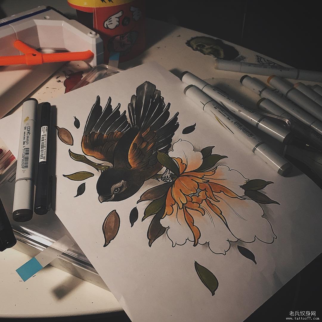 欧美school菊花鸟纹身图案手稿