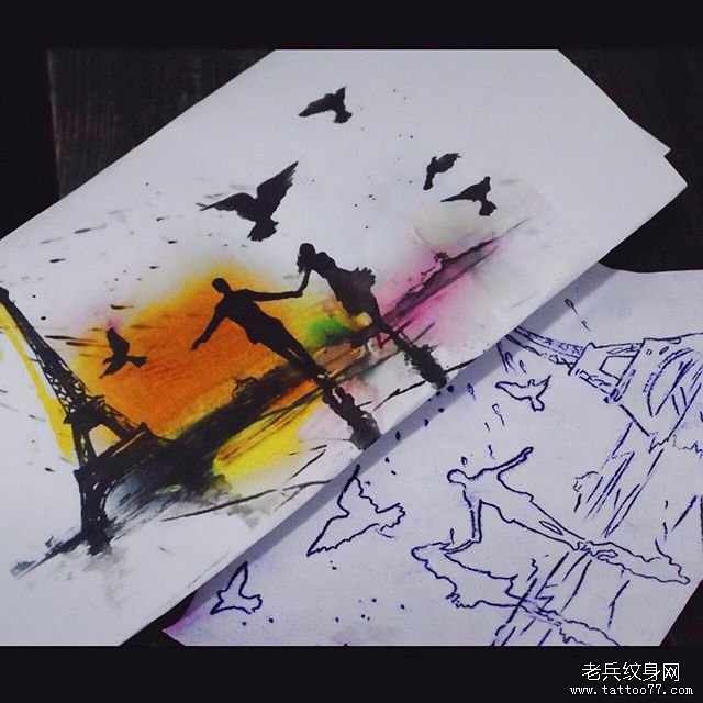 水彩泼墨风景人物纹身图案手稿