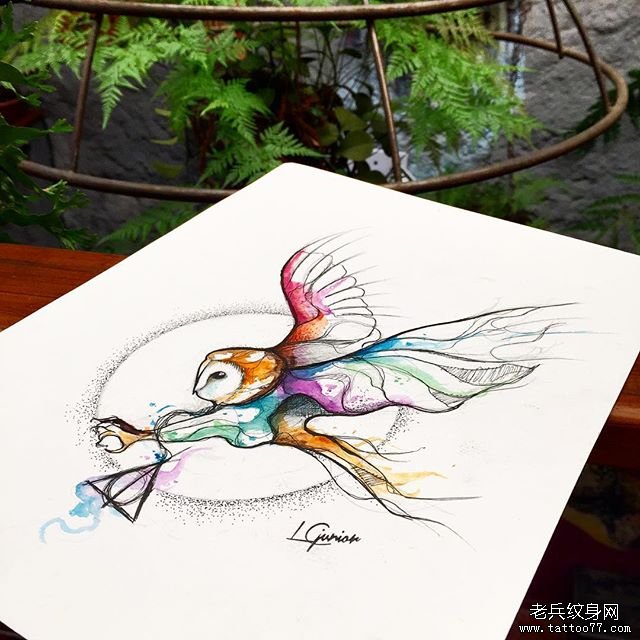 水彩泼墨猫头鹰纹身图案手稿