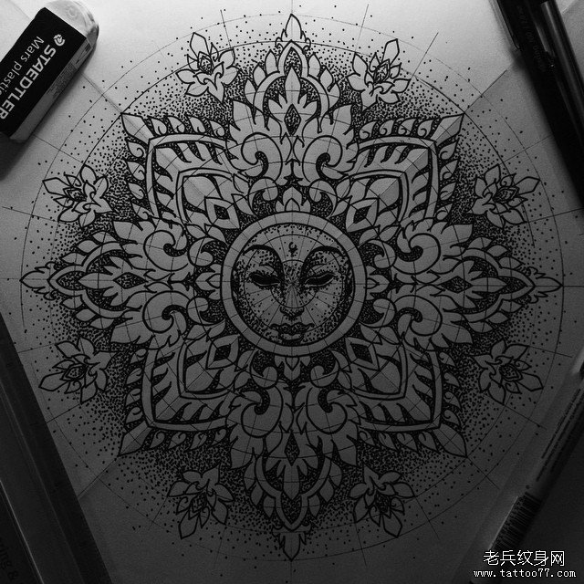 梵花曼陀罗线条点刺纹身图案手稿