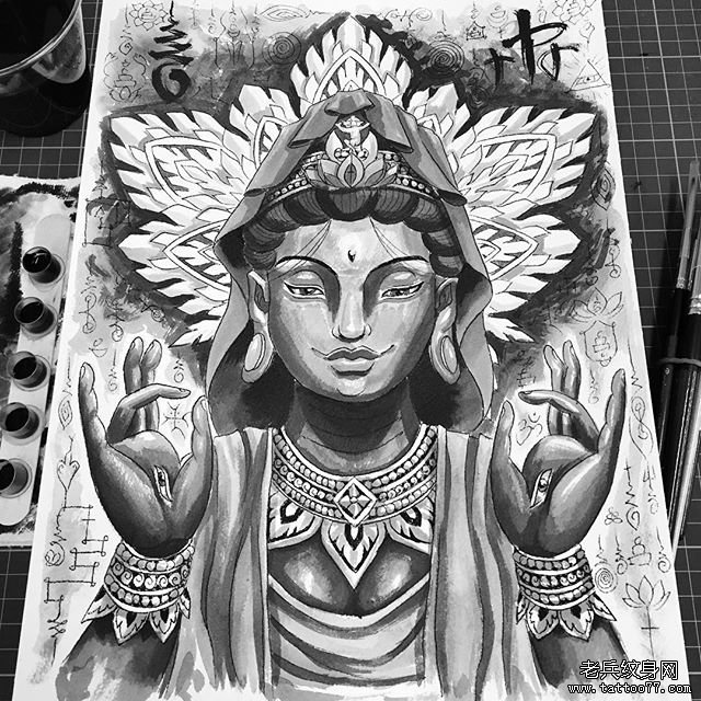 传统佛像梵花纹身图案手稿