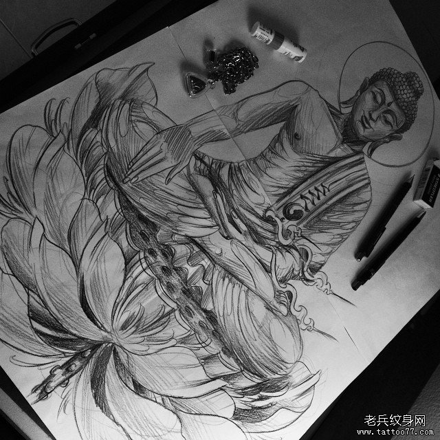 传统佛像莲花纹身图案手稿