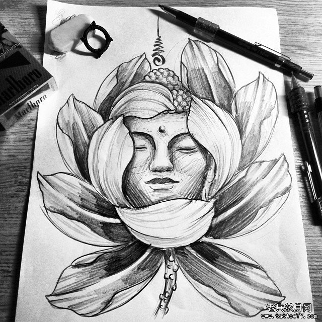 传统莲花佛头纹身图案手稿