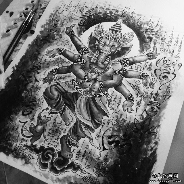 传统泰式象神纹身图案手稿