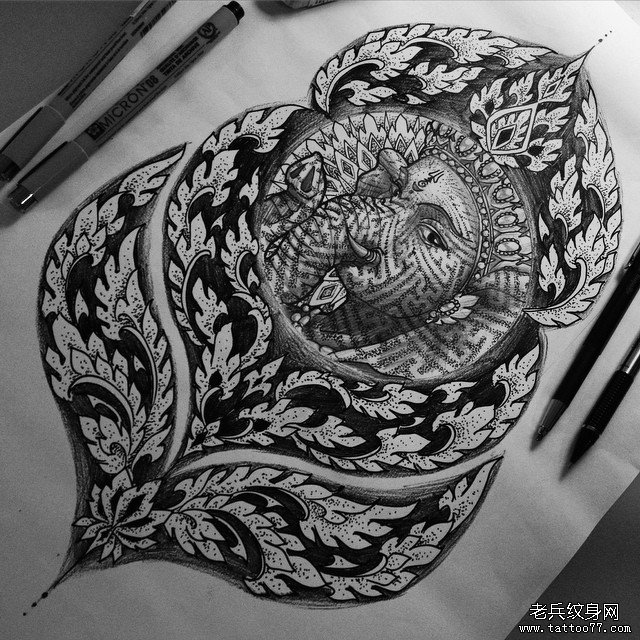 传统梵花象神纹身图案手稿