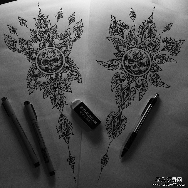 梵花骷髅纹身图案手稿