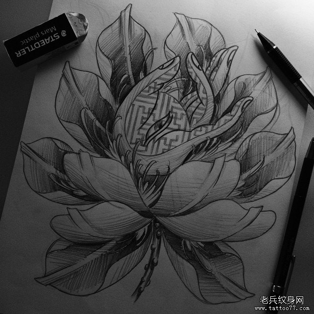 传统莲花佛手纹身图案手稿