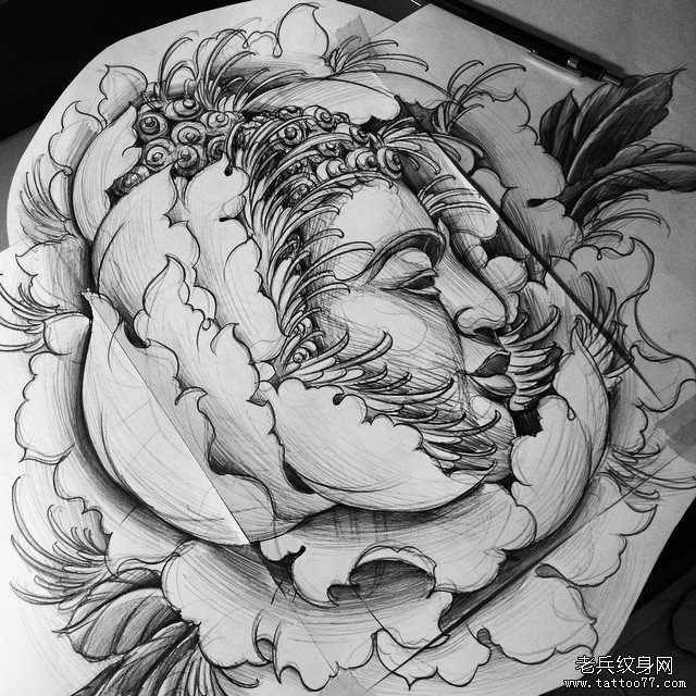 牡丹佛像纹身图案手稿