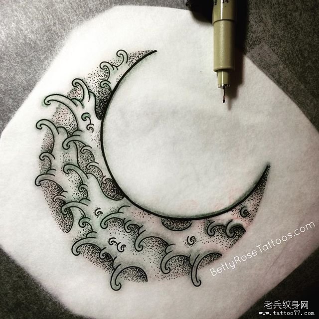 小清新浪花月亮纹身图案手稿