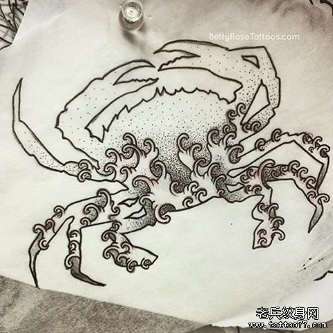 浪花螃蟹点刺纹身图案手稿