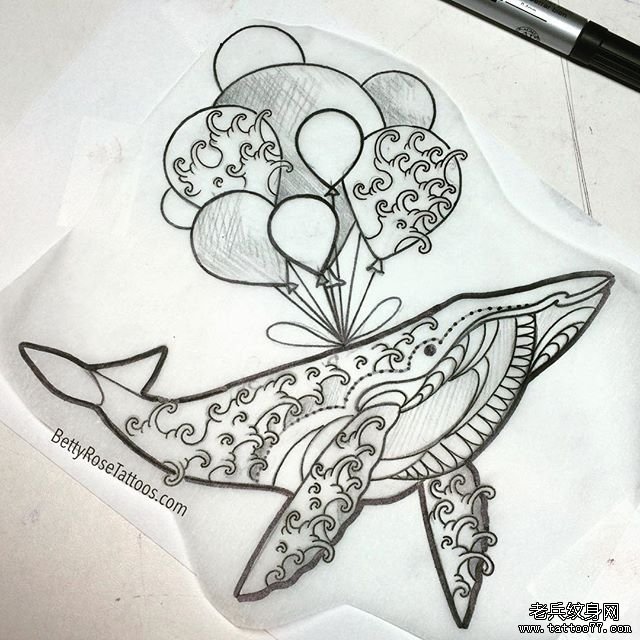 浪花鲸鱼气球纹身图案手稿