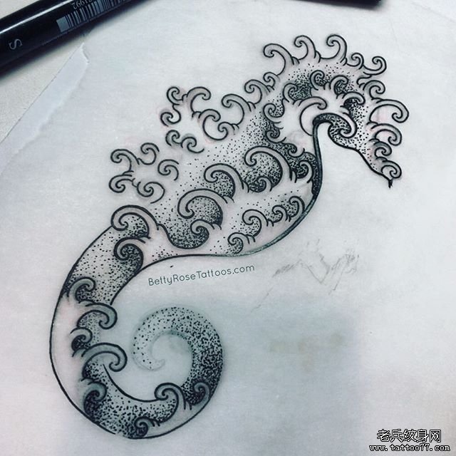 海马浪花点刺纹身图案手稿