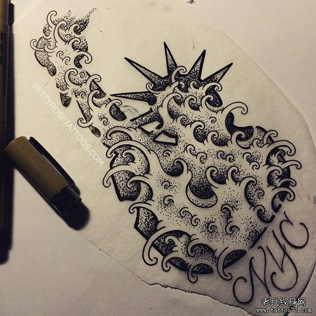 浪花点刺自由女神纹身图案手稿