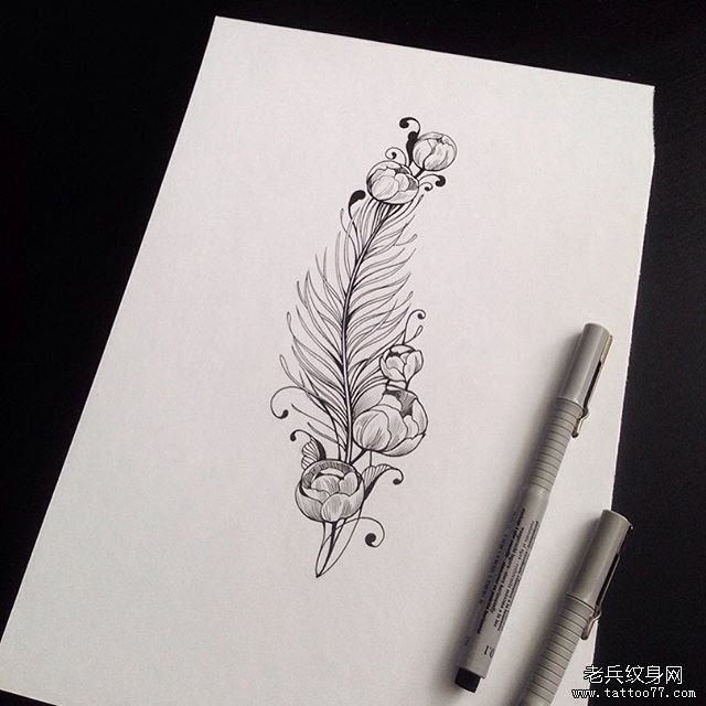 羽毛花卉纹身图案手稿