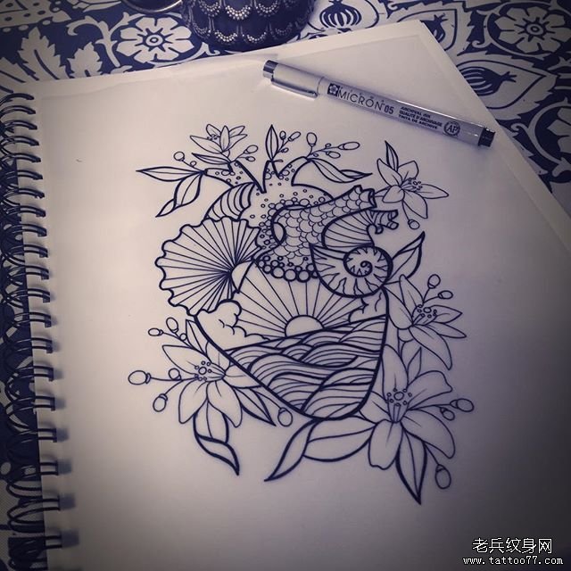欧美school心脏纹身线条图案手稿