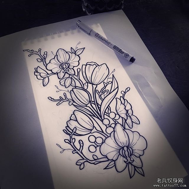 欧美花卉纹身图案手稿