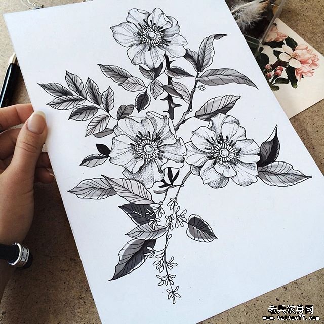 欧美花卉小清新纹身图案手稿