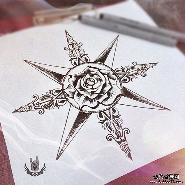 欧美玫瑰几何点刺纹身图案手稿