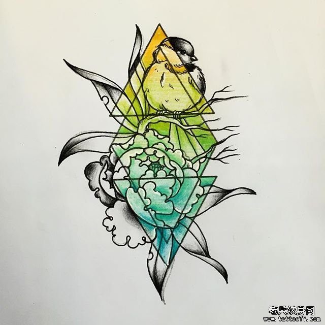 几何牡丹纹身图案手稿