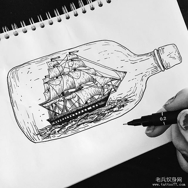 欧美瓶子帆船纹身图案手稿