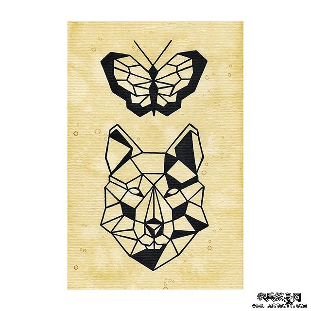 几何蝴蝶狐狸线条纹身图案手稿