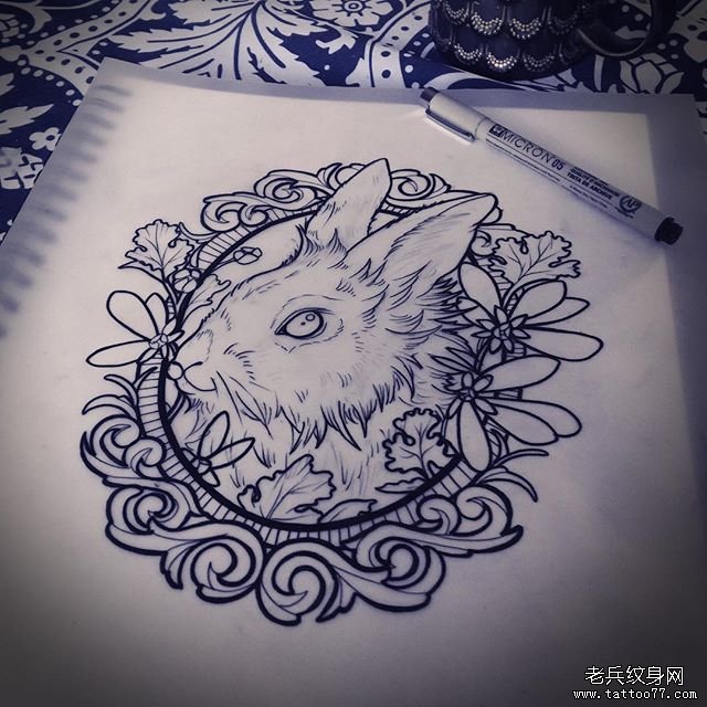 欧美可爱兔子小清新纹身图案手稿