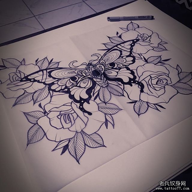 欧美school蝴蝶花卉纹身图案手稿