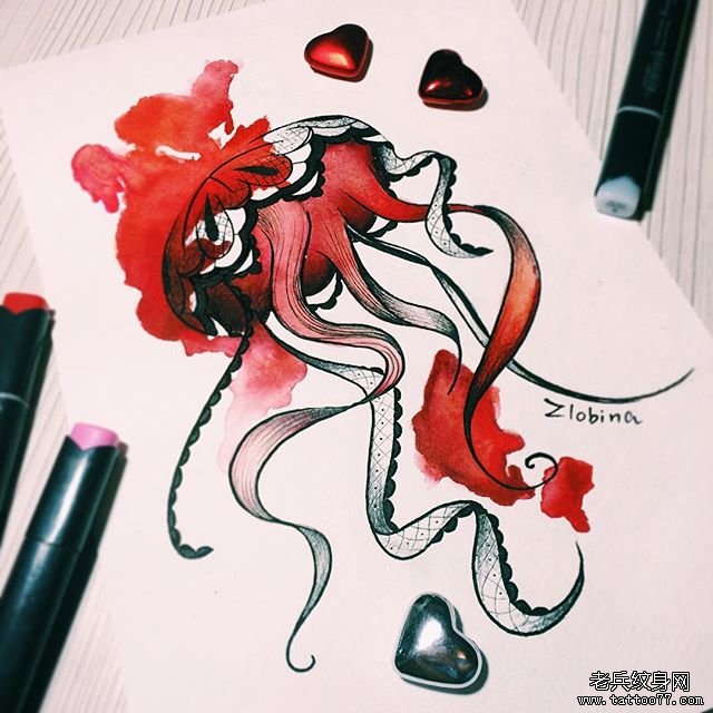 欧美泼墨水母纹身图案手稿