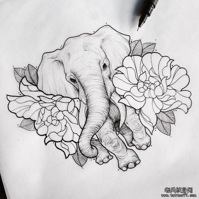 欧美大象花卉纹身图案手稿