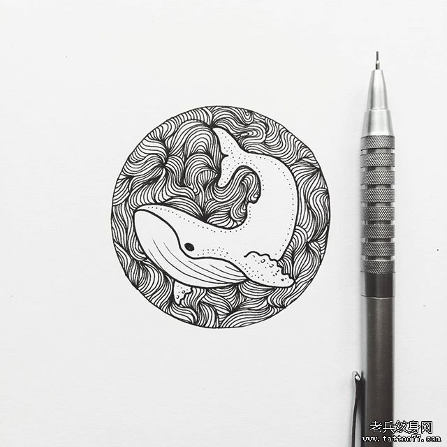 鲸鱼点刺线条几何纹身图案手稿