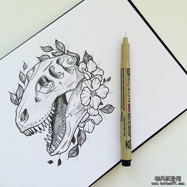 欧美恐龙点刺纹身图案手稿