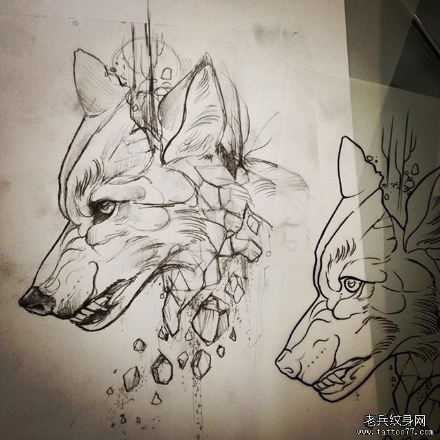欧美狼头纹身图案线条手稿